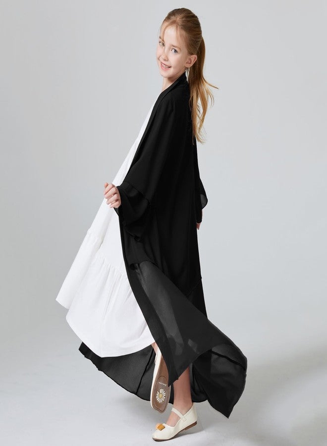 ODIZLI Muslim Chiffon Abaya for Girls Open Front Cardigan Modest Abayas Dresses Middle East Arabian Islamic Long Robe Dress for Kids Church Eid Ramadan Robe Prayer Dress For Girls Black + Hijab 11-12 Years - Image 4